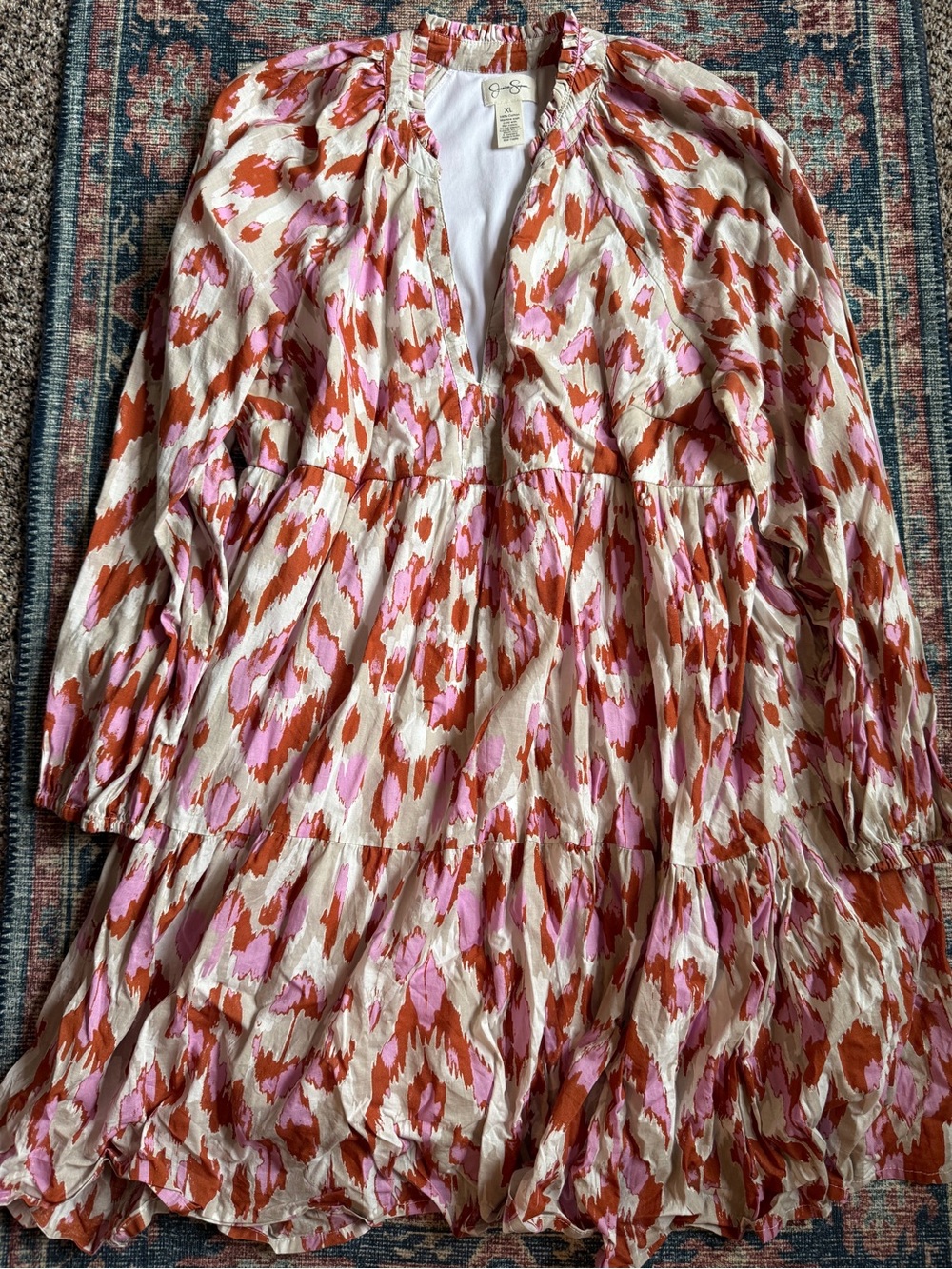 Jessica Simpson Cream Pink & Rust Printed Tiered Long Sleeve Dress